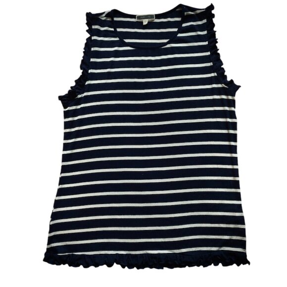 PEIONE -Navy Blue with white stripes tank Top -  Sleeveless ruffle - Large - Picture 1 of 8